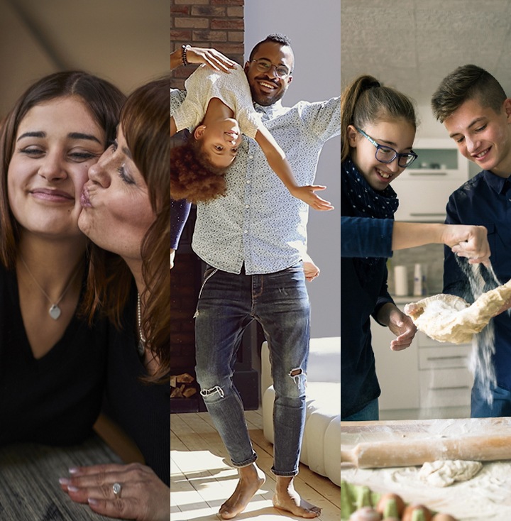 Three consecutive shots of different people at home. The first shows a mom and teenage daughter hugging while taking a selfie. The second shows a young dad dancing with his children. The third shows a teenage brother and sister having fun cooking together.