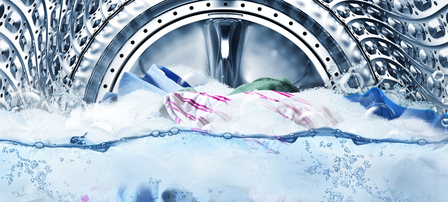 Samsung washing machine with laundry The clothes are being washed inside the washing machine.