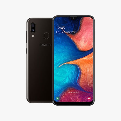 Rear-facing Galaxy A20 behind Galaxy A20 in portrait mode, with orange and pink petals onscreen.