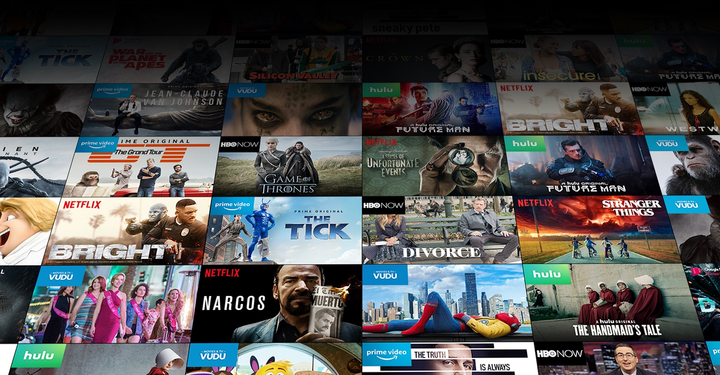 Various content with app icons; The Tick, and Jean-Claude Van Johnson on prime video, War for the Planet of the Apes, and Alien: Covenant, Dunkirk, and Despicable Me 3 on Google Play Movies & TV, Silicon Valley, Insecure, Westworld, Game of Thrones, and Divorce on HBO Now, The Crown, A Series of Unfortunate Events, Bright, Stranger Things, and Narcos on Netflix, Future Man, and The Handmaid's Tale Hulu, The Mummy, and Spider-Man Homecoming on VUDU.