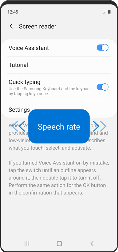 يتم عرض قائمة "قارئ الشاشة". وتظهر ميزة Voice Assistant والكتابة السريعة "قيد التشغيل". يتم عرض التحكم في معدل الحديث.