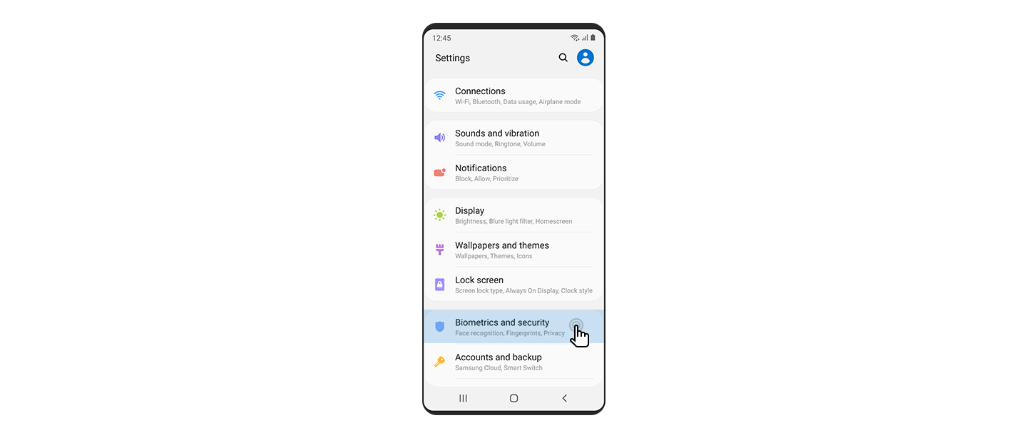 مشهد أمامي لهاتف ذكي مع تحديد أيقونة "Biometrics and security" (القياسات الحيوية والأمان) في "settings" (الإعدادات)