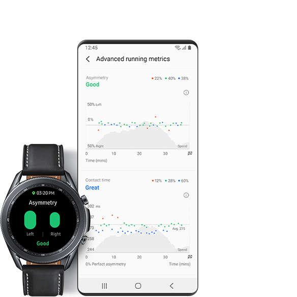 ساعة Galaxy تعرض عدم توازن القدمين. وتعرض شاشة واجهة المستخدم الرسومية مقاييس الركض المتقدمة التي تشمل عدم التوازن ووقت تلامس القدم مع الأرض.