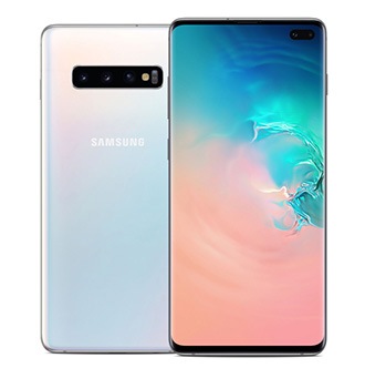 صورة تظهر الجانب الخلفي من هاتف +Galaxy S10 باللون الأبيض البريزمي وفوقه هاتف +Galaxy S10 الأسود.