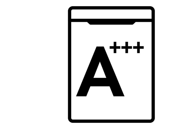 أيقونة كفاءة استهلاك الطاقة مع استخدام غسالة الأطباق النص "A+++" مع رسم تخطيطي لغسالة الأطباق.
