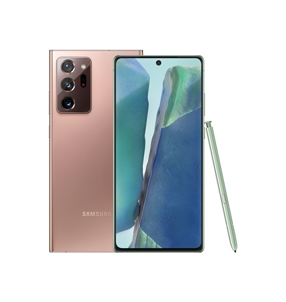 product-note20 مشهد خلفي لهاتف Galaxy Note20 Ultra بلون برونزي مستيك، مع مشهد أمامي لهاتف Galaxy Note20 بلون أخضر مستيك وقلم (S Pen).