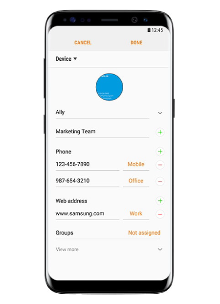 Galaxy S8 with example of using Bixby to scan business card and having the contact details added automatically
