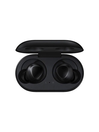 Black Galaxy Buds shown inside an open, black charging case