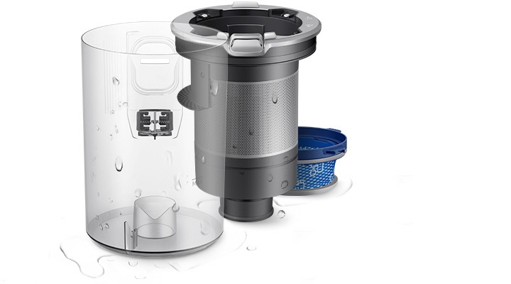 „Samsung Jet“ dulkių siurblio plaunama dulkių surinkimo talpa („Washable Dustbin“), kuri padeda išlaikyti dulkių siurblo higieniškumą ir švarą.