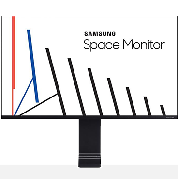 Šiame vaizde pateikiama glausta „Samsung Space“ monitorių linijos modelio S32R750U apžvalga.