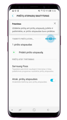 Piršto antspaudo skaitytuvo meniu