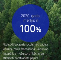 Šī infografika atspoguļo ilgtspējīgo avotu izcelsmes papīra iepakojumu izmantošanas pieaugumu, mērķis 2020. gadam ir 100%. Ilgtspējīgo avotu izcelsmes papīra iepakojumi attiecas uz Ilgtspējīgo mežu sertifikācijai atbilstošu papīru, kā arī atkārtoti pārstrādāto papīru.