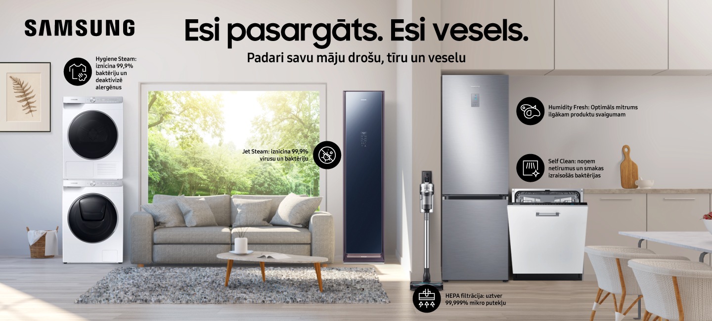 Mūsdienīga dizaina mājā atradīsies vieta Samsung sadzīves tehnikai, kas palīdzēs jūsu ģimenei būt drošībā un būt ar labu veselību. Šāda tehnika ir, piemēram, ledusskapis, veļas mašīna, AirDresser un putekļusūcējs.
