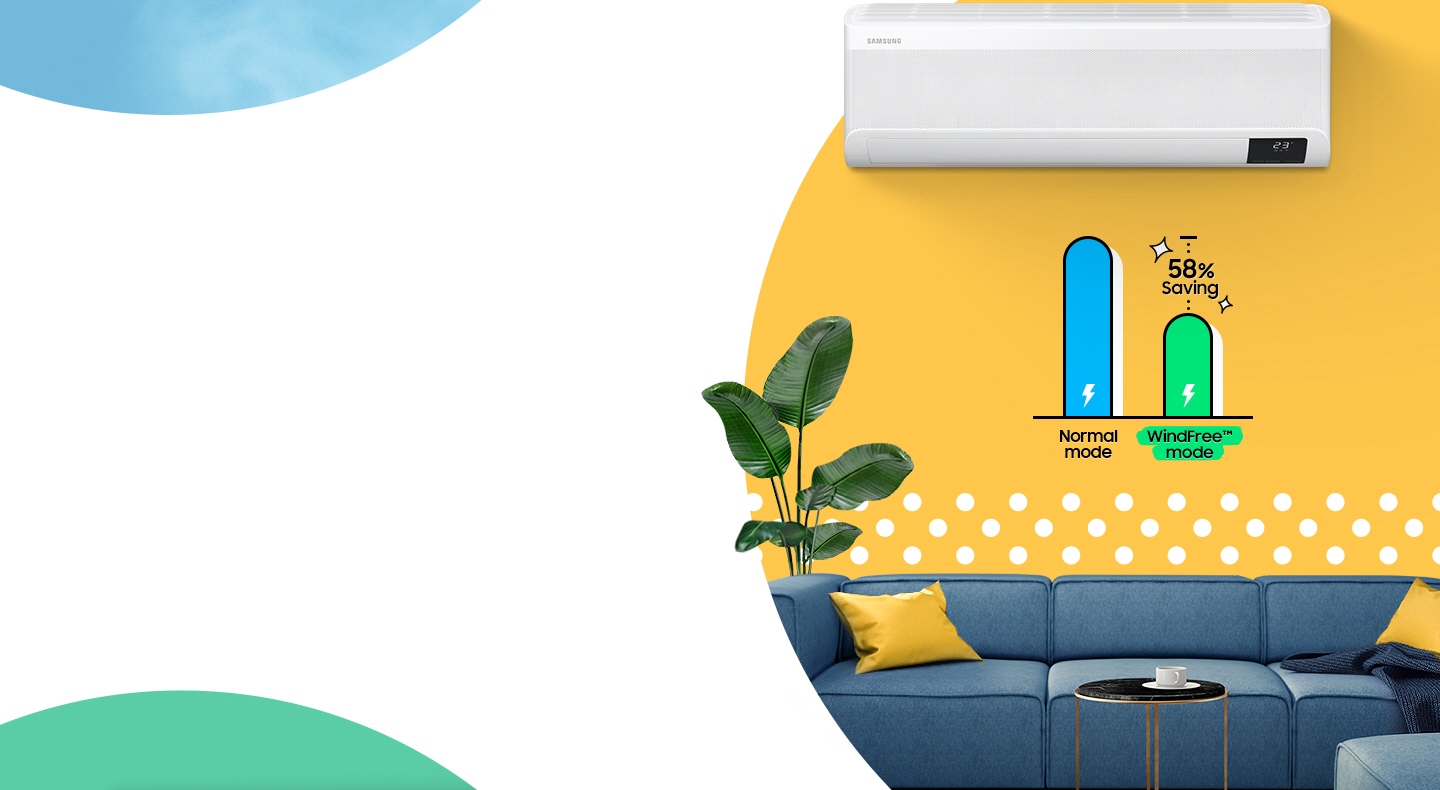 While WindFree™ mode of Samsung wall mounted AC operates, there are the navy sofa and round side table comfortably in a living room surrounded by a wall with white dots on a yellow background. And a bar graph visually shows that the WindFree™ mode has 58% energy savings compared to the Normal mode.