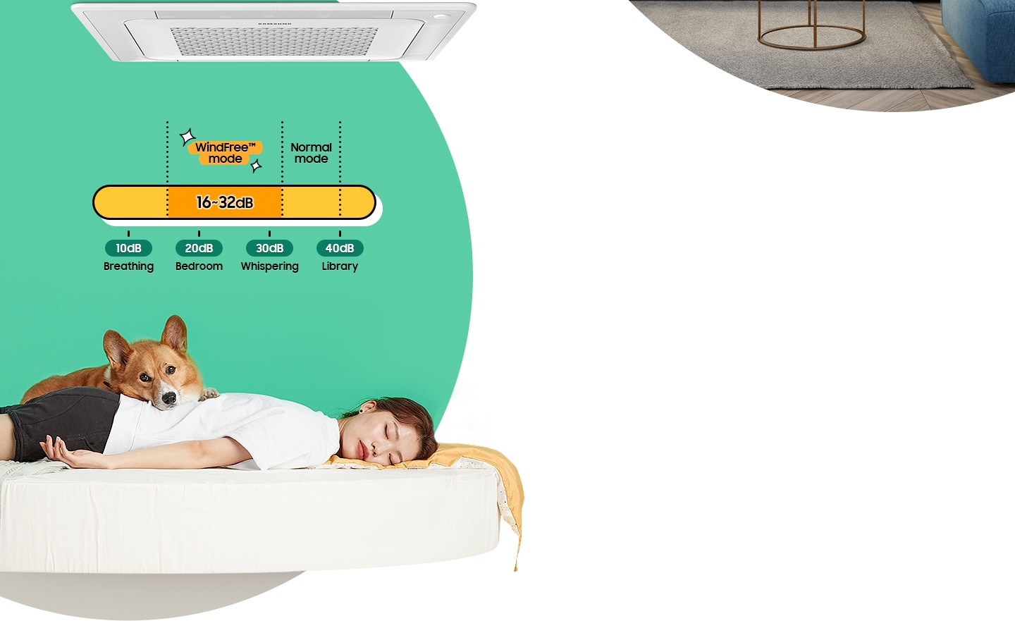 A woman is sleeping deeply in the bed, and a dog is lying down while taking a break because Samsung Cassette AC with WindFree™ mode is a quiet air conditioner. In the bar graph with a scale of breathing 10dB, bedroom 20dB, whispering 30dB, and library 40dB, WindFree™ mode in the range of from 16dB to 32dB produces less noise than normal mode over 30dB.
