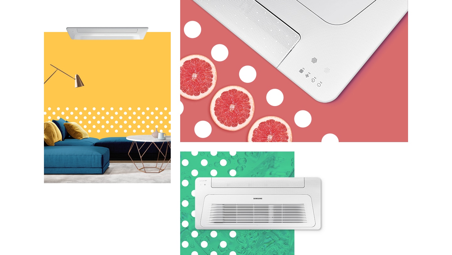 Samsung 1-way cassette air conditioner is matched well with yellow, red, and green color background with white dots. On the ceiling of the modern living room with a yellow background, there is a 1way cassette ac that has the WindFree™ feature for energy efficient air conditioner.