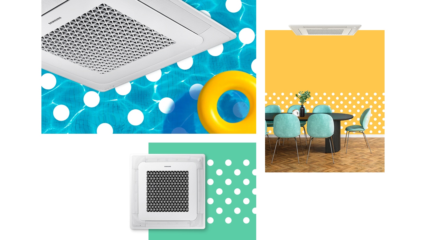 Samsung 4-way cassette AC with fast cooling function is in the background of the blue swimming pool, yellow color, and green color with white dot patterns. Especially, for the yellow background, Samsung 4way cassette air conditioner is hanging on the ceiling in the wide dining room.