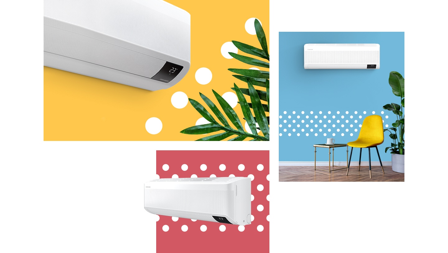 Samsung wall mounted air conditioner is hanging on a wall with white dots on a yellow, blue, and red color background. Samsung wall mounted AC is operating in WindFree™ mode for energy saving.