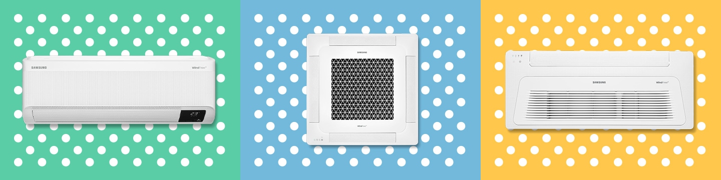 The Wall Mounted AC, 4Way Cassette AC, 1Way Cassette AC, and 360 Cassette AC are arranged side by side on colorful background with white dots pattern reminiscent of the micro-hole of Samsung Air Conditioners with WindFree™ characterized by Cool and No Wind.