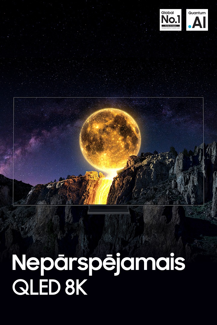2020. gada Samsung QLED televizors, kuram ir pilnīga Quantum Dot tehnoloģija, redzams no sāna skata. Un tas parāda nepārspējamo 8K QLED televizoru un Quantum AI lietojumikonu.