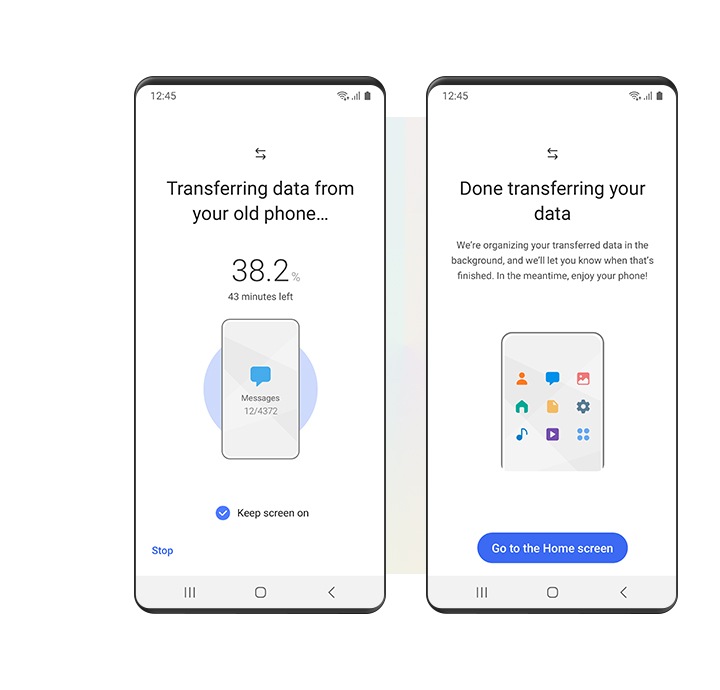 Делот за пренос на интерфејсот Smart Switch е симулиран на уредот Galaxy. Графичкиот кориснички интерфејс лево покажува пренос на податоци Smart Switch во процес, означен со процент и преостанати минути. Друг графички кориснички интерфејс од десната страна го покажува завршениот пренос на податоци.