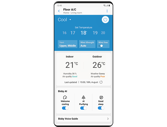 На екран на Galaxy е прикажан графичкиот кориснички интерфејс на SmartThings Welcome Cooling со поставената температура, внатрешната и надворешната температура и дополнителни поставувања.