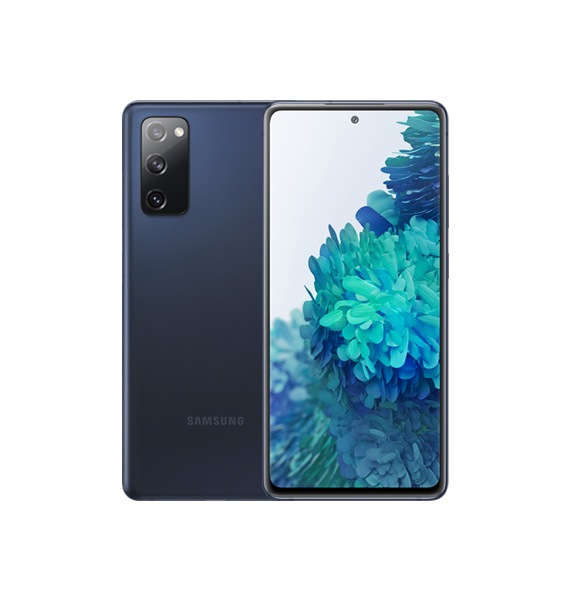 product-s20-fe နက်ပြာရောင် Galaxy S20 FE ၏ ရှေ့နှင့် အနောက်ဘက် မြင်ကွင်း။