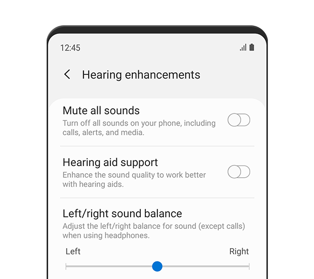 Se muestra el menú “Mejoras auditivas”. El control deslizante de balance de sonido izquierdo/derecho se establece en el centro. El texto descriptivo dice: Ajusta el balance izquierdo/derecho para el sonido (excepto las llamadas) cuando uses auriculares.
