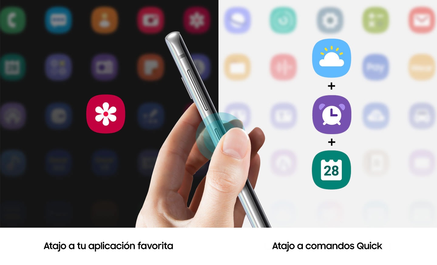 Dos imágenes que muestran funciones a las que se puede acceder presionando la tecla Bixby en un Galaxy S10 White. La primera muestra que se puede usar "Shortcut to your favorite app" para abrir la aplicación Galería. La segunda muestra cómo "Shortcut to Quick commands" se puede usar para mostrar las aplicaciones Clima, Alarma y Calendario.