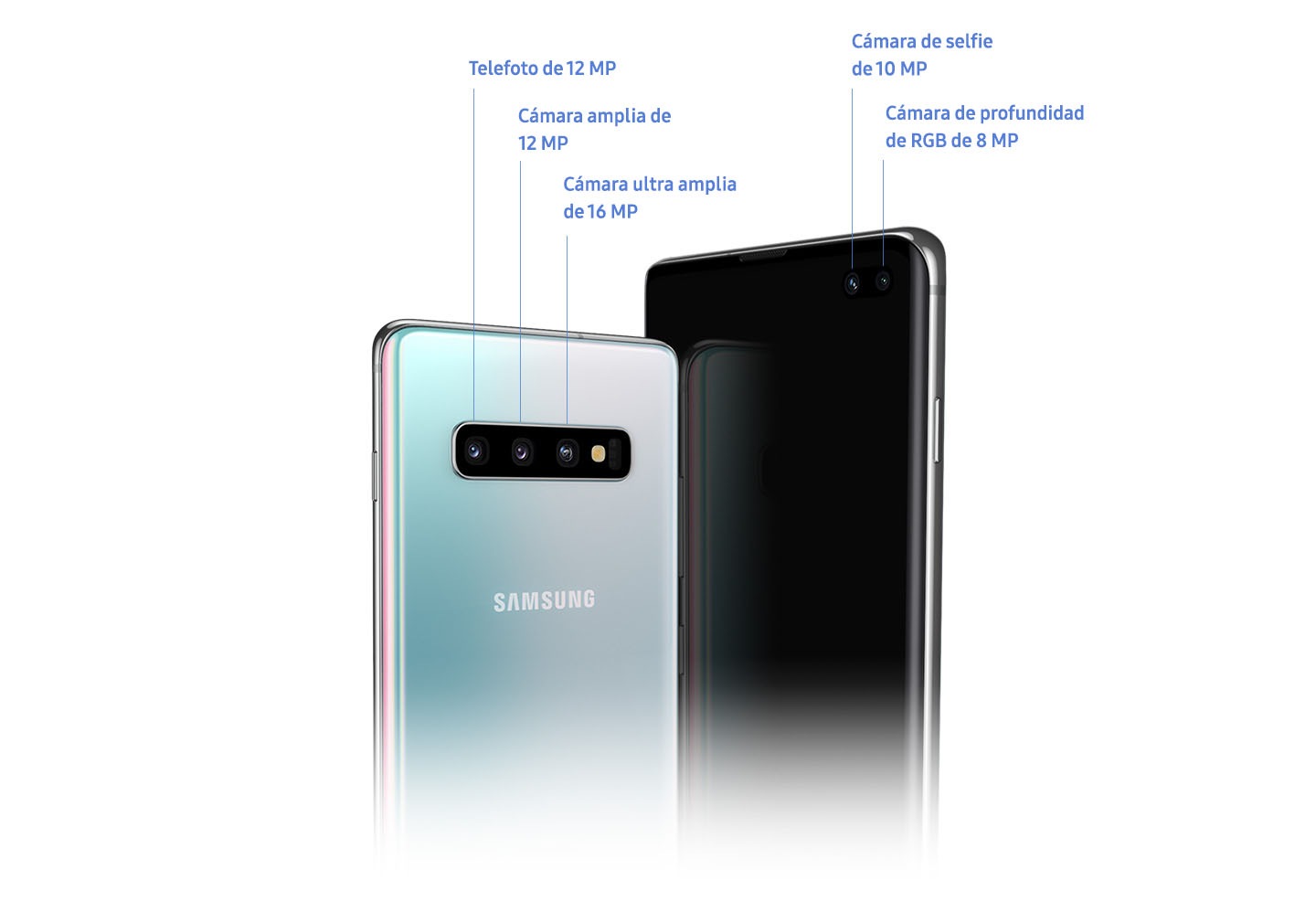 Dos teléfonos Galaxy S10 Plus. Un teléfono es visto desde atrás y se muestra la cámara trasera triple que incluye la cámara de telefoto de 12 MP, la cámara de gran angular de 12 MP y la cámara Ultra Wide 16 MP. El otro teléfono es visto desde el frente y se muestra la cámara frontal doble que incluye la cámara de selfies de 10 MP y la cámara de profundidad de 8 MP.