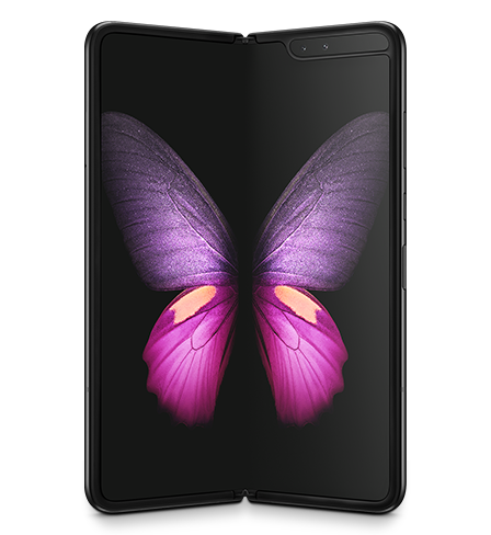 Galaxy S9 | S9+ Un teléfono Galaxy Fold de color negro cosmos visto de frente desplegado, con una gráfica de una mariposa rosa, púrpura y naranja en pantalla.