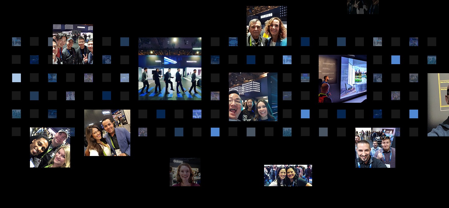12 fotografías publicadas en redes sociales se exhiben delante de un fondo de cubo digital del tema “Samsung City” en el CES 2019.