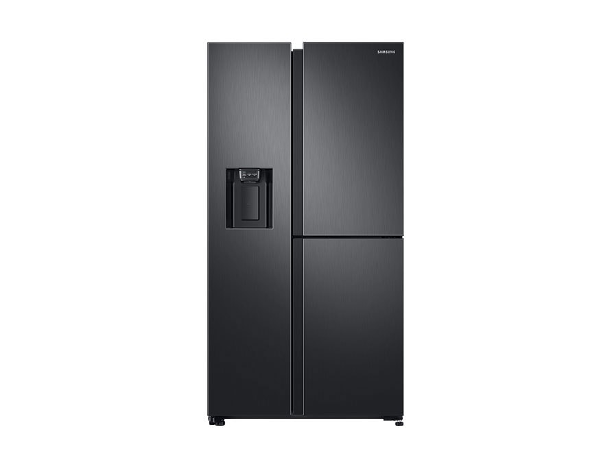 Vista frontal del refrigerador Side by Side RS68N8670B1 de Samsung en color Silver Stainless.