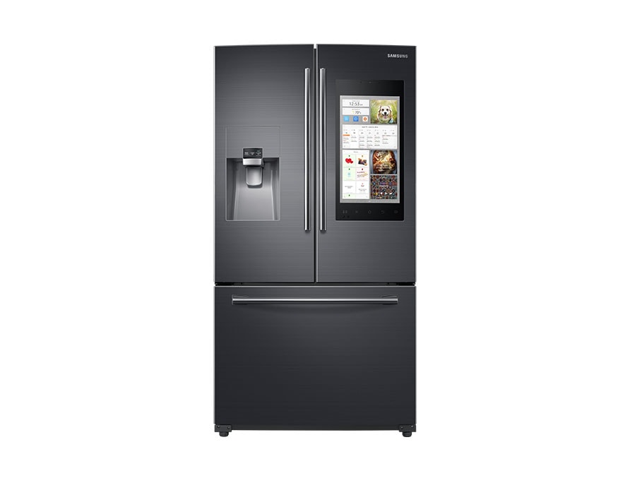 Vista frontal del refrigerador 4-door RF28K9070SG/SA de Samsung en color Black Stainless.
