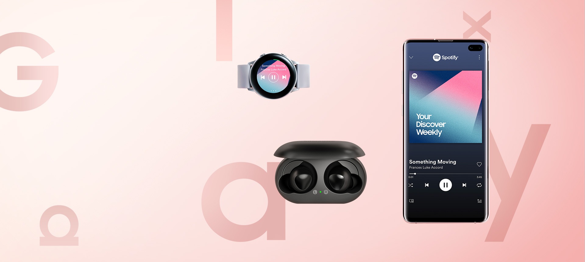 Imagen de la Introducción al ecosistema Galaxy S10. Samsung Galaxy S10+, Samsung Galaxy Watch Active y Galaxy Buds. El Galaxy S10+ muestra la interfaz de Spotify en pantalla y reproduce una canción de la lista de reproducción “Your Discover Weekly”. El Galaxy Watch Active tiene la interfaz de Spotify para relojes en pantalla, que muestra la misma canción.