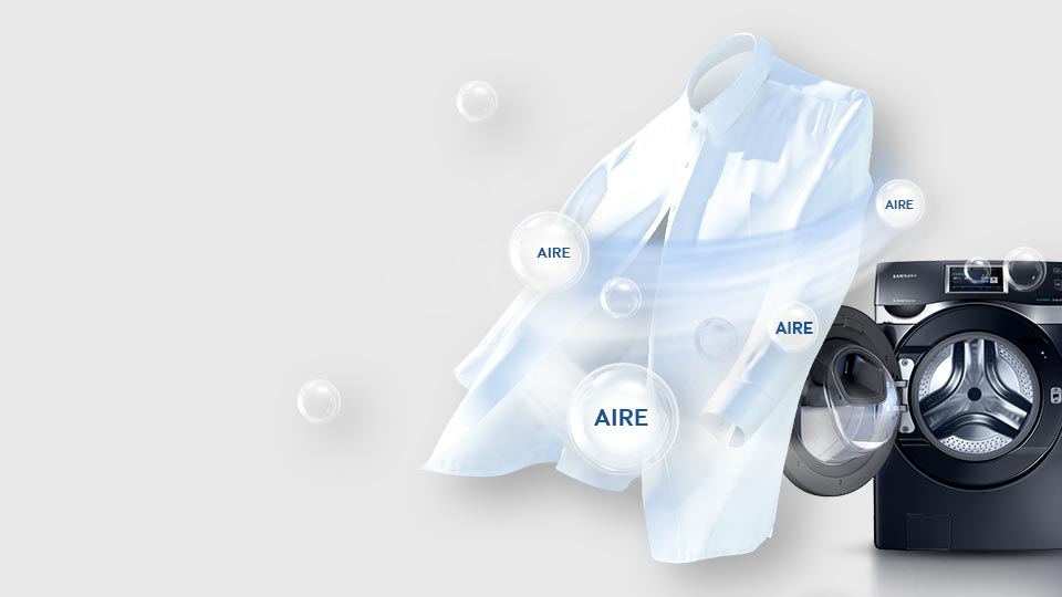 An image showing the WD9500K Add Wash with its door open, along with an image of a white dress shirt. Illustrated bubbles with the caption “Air” in them are also shown.