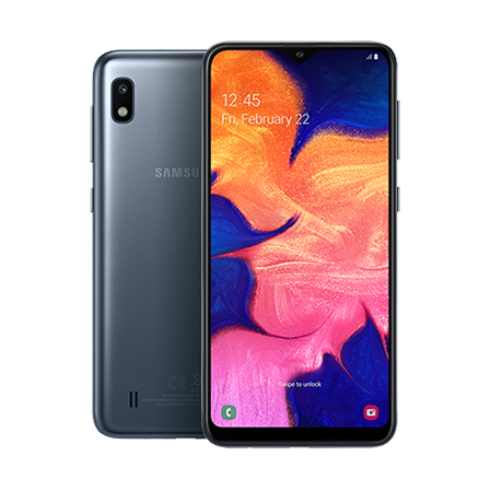 Vista trasera del Galaxy A10 detrás de un Galaxy A10 en modo vertical.