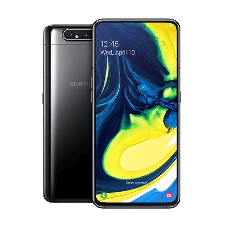 Vista trasera del Galaxy A80 detrás de un Galaxy A80 en modo vertical.