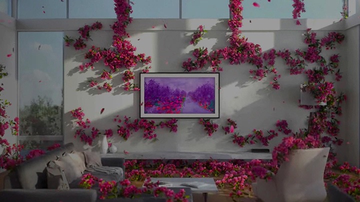 The Frame TV muestra imágenes en la pantalla. The Frame TV combina perfectamente con el espacio para hacer que la decoración del hogar luzca más bella.