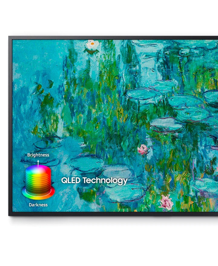 Se muestra un primer plano de una pintura de un hermoso estanque, con la calidad de imagen de alta resolución de QLED que revela todos los detalles de cada imagen. En la imagen, hay un diagrama que muestra el espectro de brillo y oscuridad de la tecnología QLED.