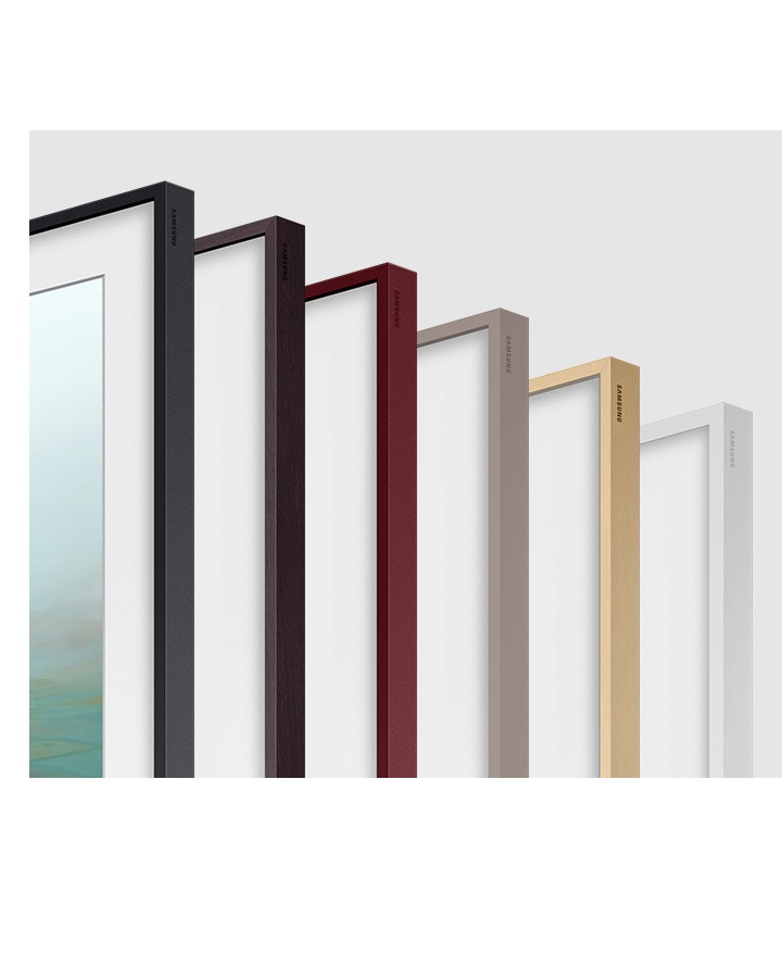 Vista lateral de marcos personalizables en 6 colores: negro, marrón, rojo burdeos, beige arcilla, beige y blanco.