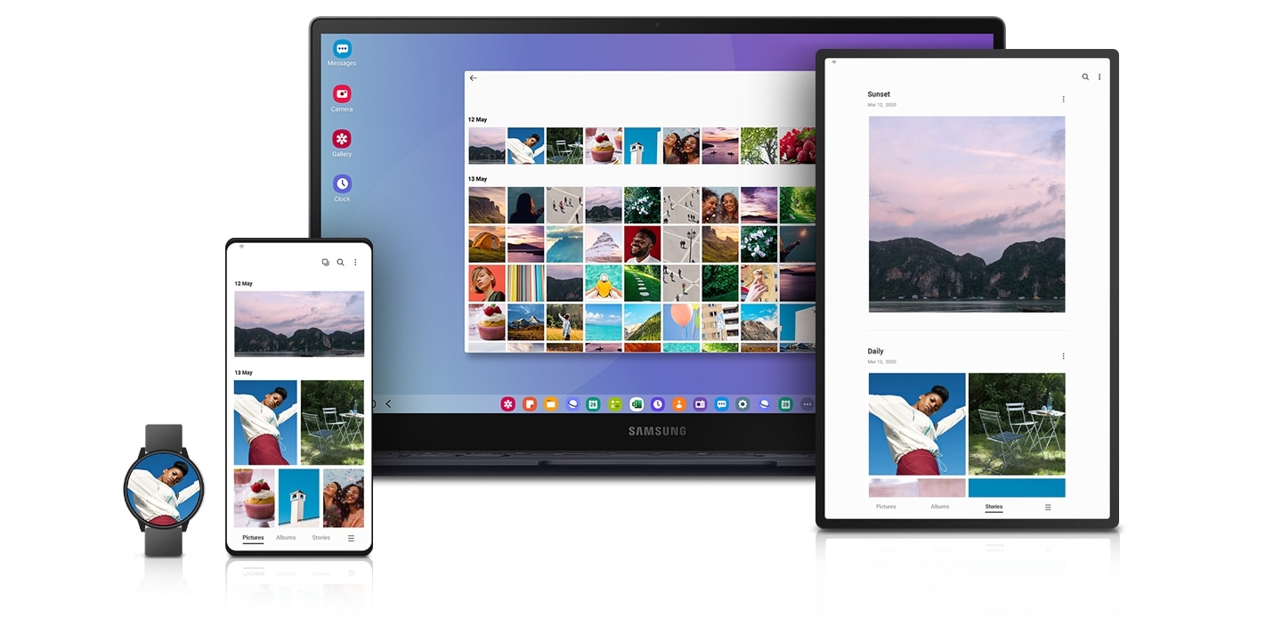 A Galaxy smartphone, tablet, watch and a Samsung PC all show the Gallery app opened with UI design optimized to each device display.
