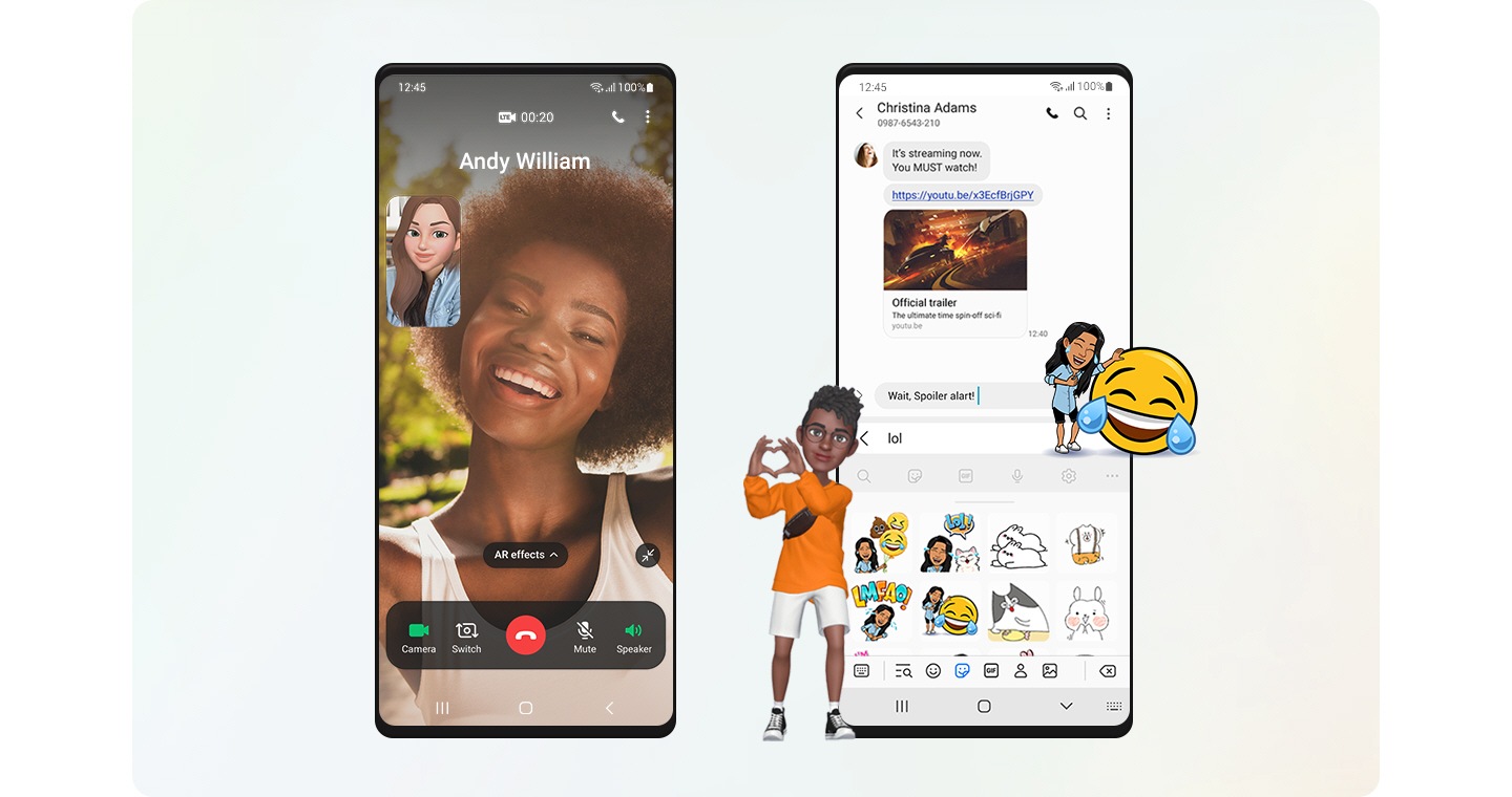 One Galaxy screen shows an AR effects mask video call. Another Galaxy screen shows the Messages app using AR effects.