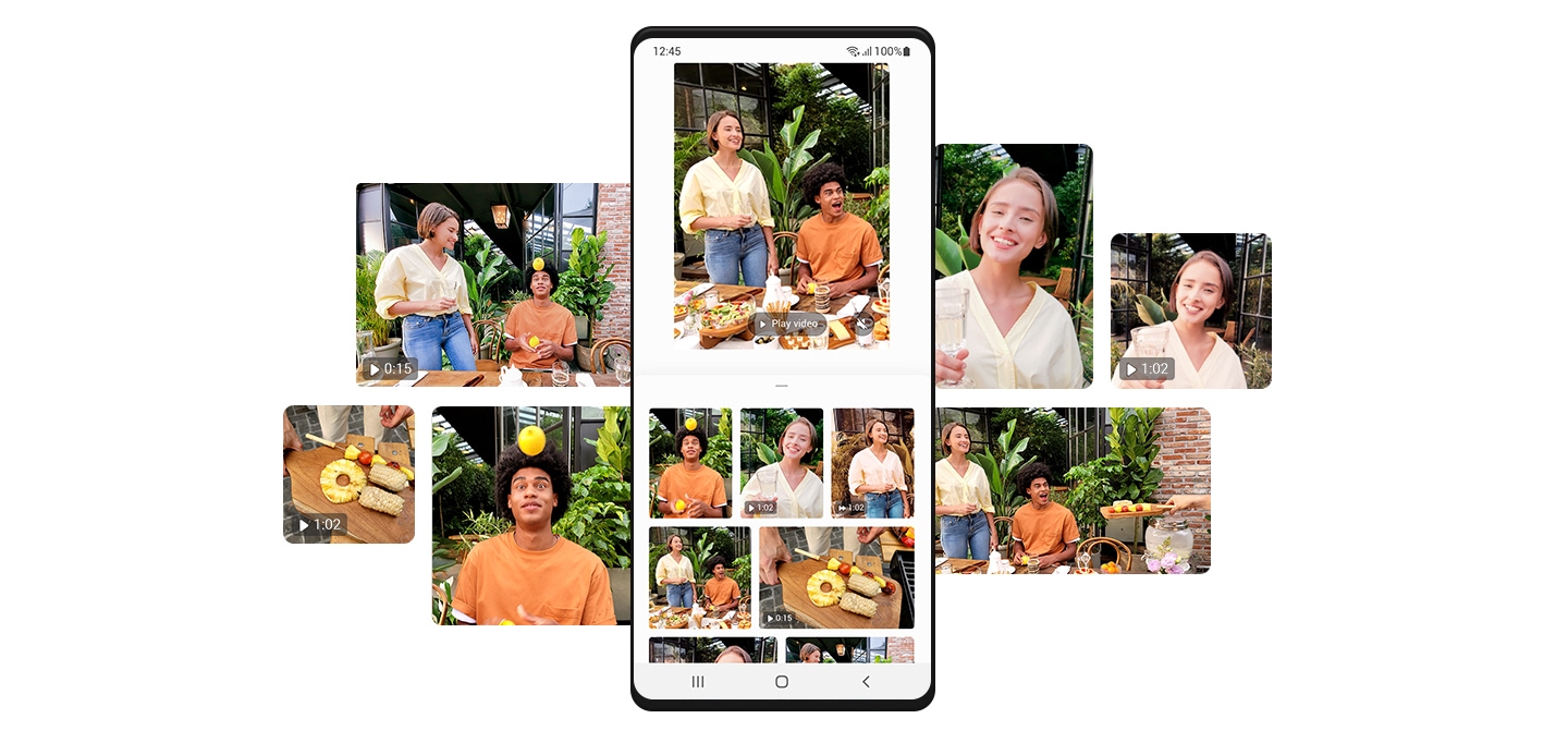 A Galaxy screen shows the Single Take mode camera function, surrounded by various photos and videos all captured by one shot.