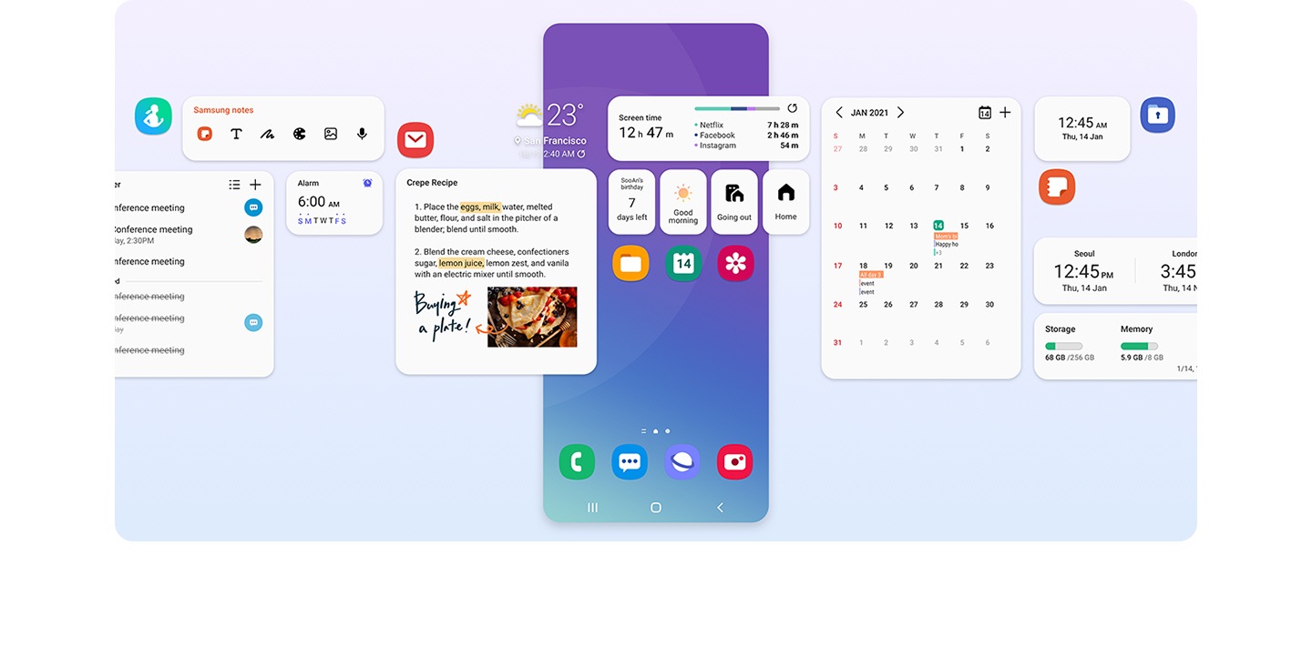 Various features of One UI Home are overlaid on a Galaxy home screen, including icons and widgets for calendar and mail apps.