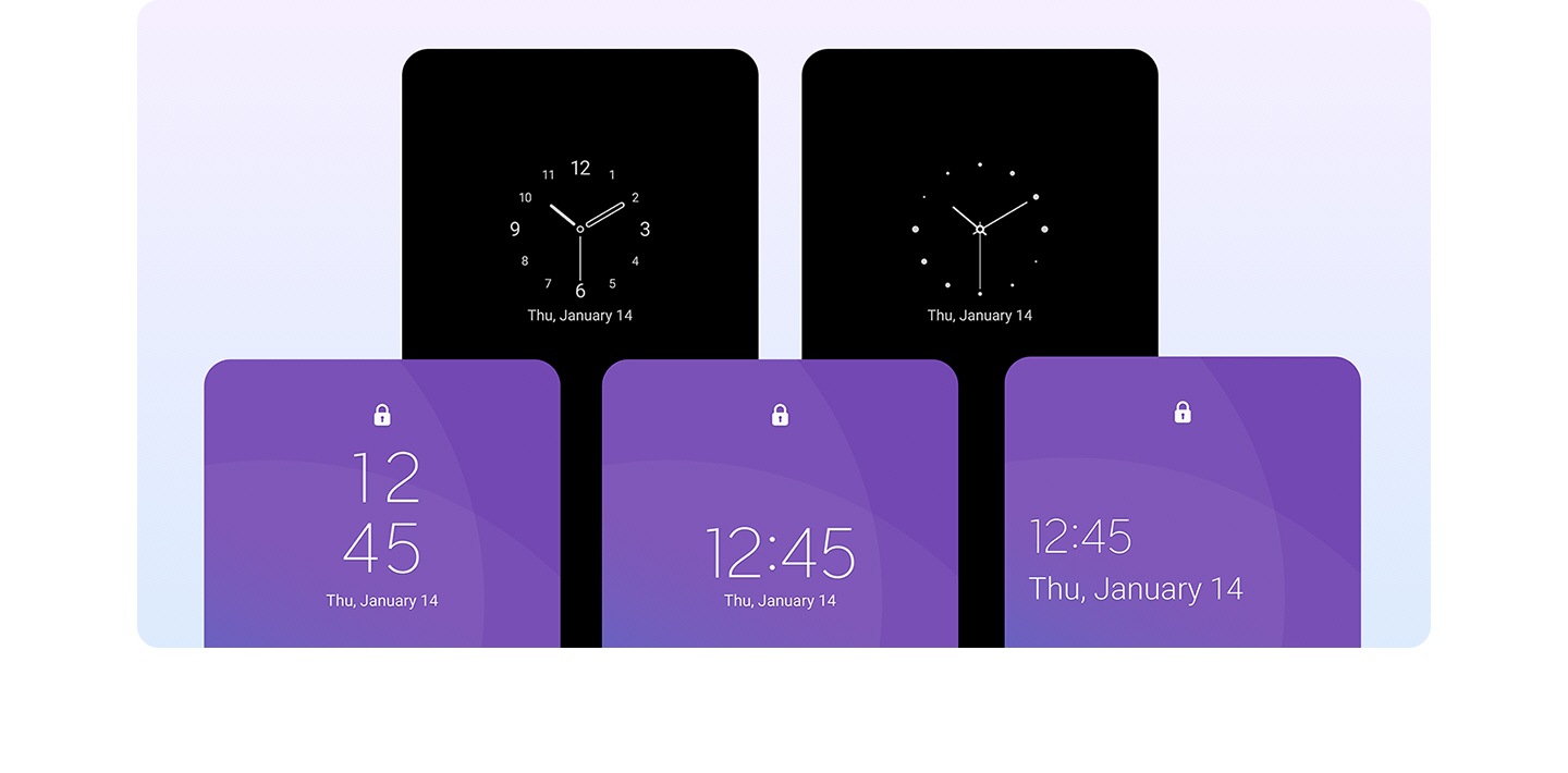 Five Galaxy screens show various options for the lock screen, with time and date displayed in different formats.