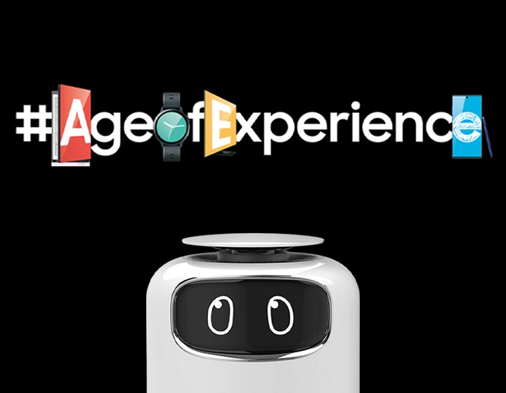 A smartphone and smart watch are shown with the hashtag Age of Experience and a robot face below.