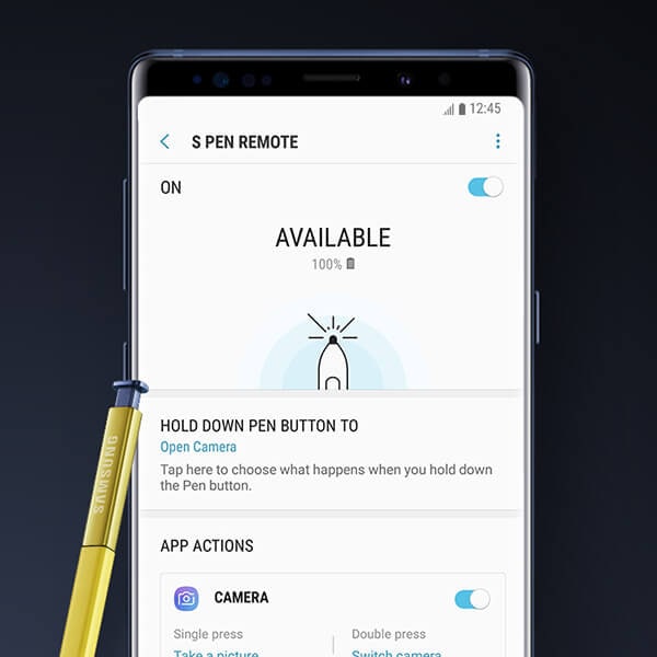 S Pen remote settings on the screen of Galaxy Note9 with S Pen.
