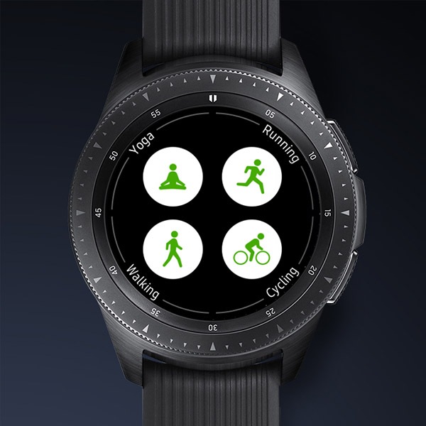 Four circular fitness icons on Galaxy Watch.