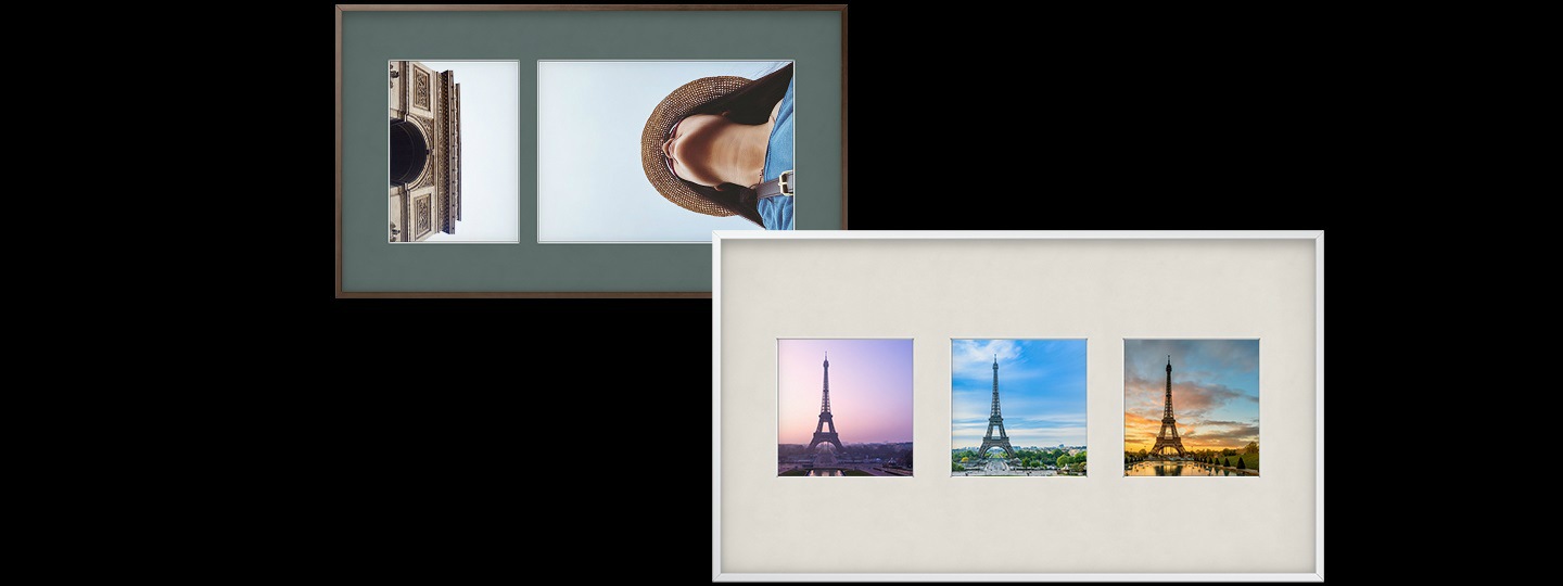 Two vacation pictures are displayed with matte layout and color filters from Samsung The Frame Art Mode as a unique way to display photos.